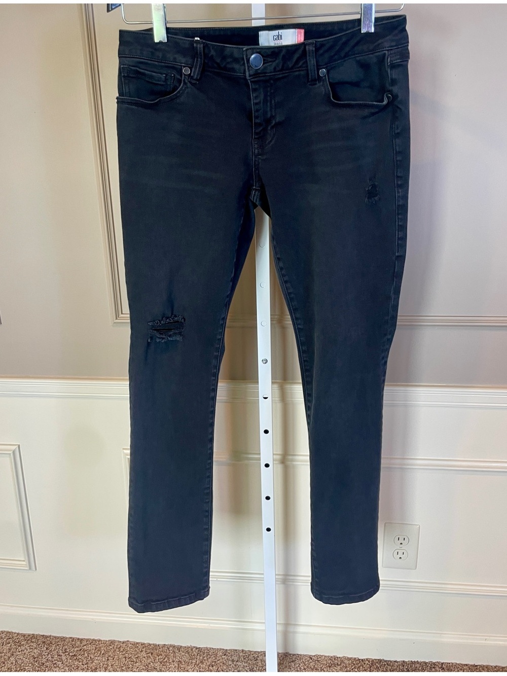CAbi 4 Slim Boyfriend 3387 Black Distressed Denim Jeans Straight Leg
